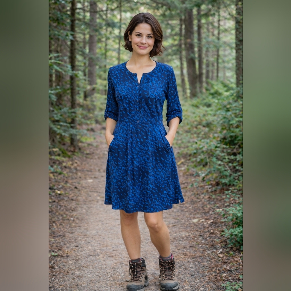Patagonia Kamala Henley Common Threads Blue Knit Dress 3/4 Sleeve Size Large